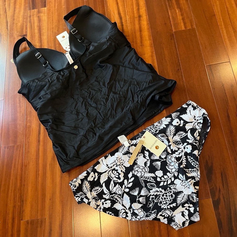 New NWT ArteSands Black Tankini Two Piece‎ Swimsuit Floral Monet Delacroix Sz 20 - Picture 2 of 6